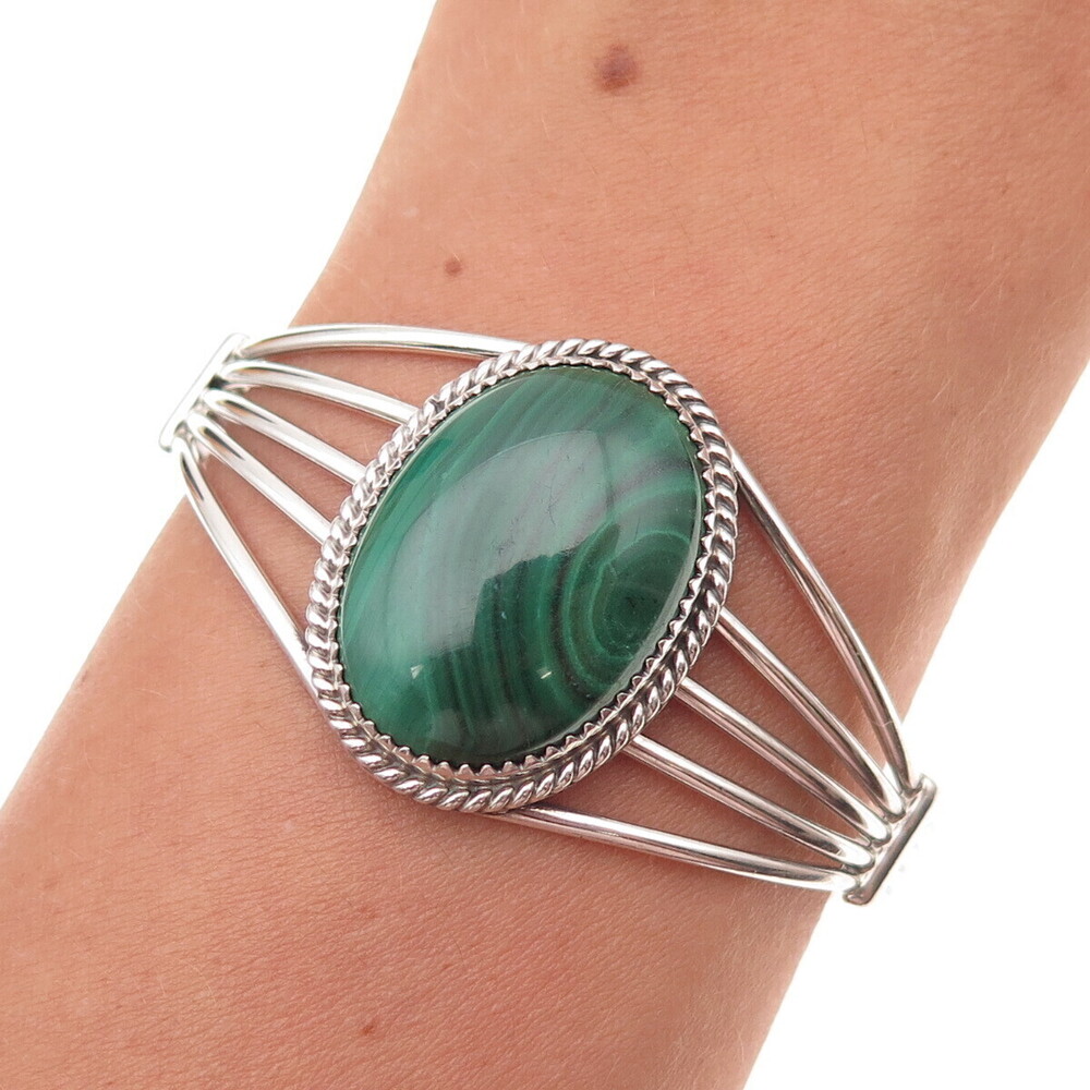 Old Pawn Sterling Silver Vintage Southwestern Malachite Adjustable Bracelet 6"